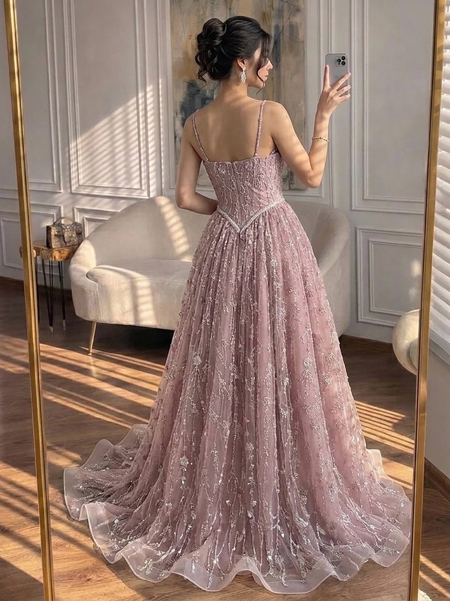 Luxury Sage Green Beaded A-Line Spaghetti Straps Evening Dress CLA72805
