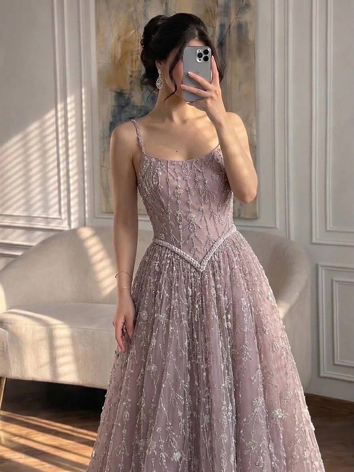 Luxury Sage Green Beaded A-Line Spaghetti Straps Evening Dress CLA72805