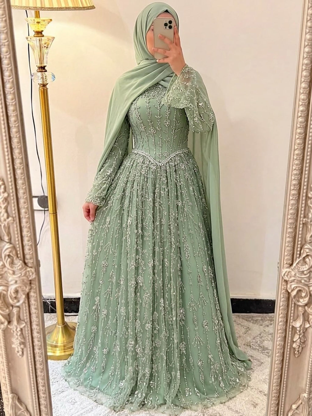 Arabic Modest A-Line Beaded Evening Dress For Muslim Women Hijab CLA72805E