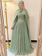 Arabic Modest A-Line Beaded Evening Dress For Muslim Women Hijab CLA72805E
