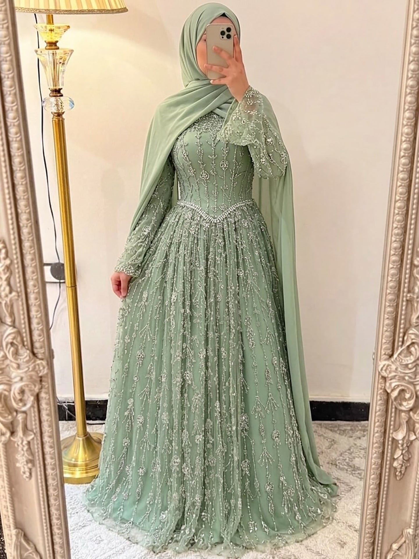 Arabic Modest A-Line Beaded Evening Dress For Muslim Women Hijab CLA72805E