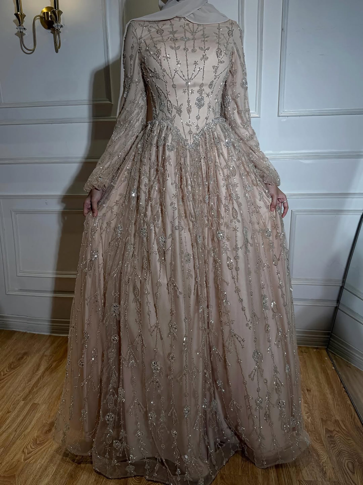 Arabic Modest A-Line Beaded Evening Dress For Muslim Women Hijab CLA72805E