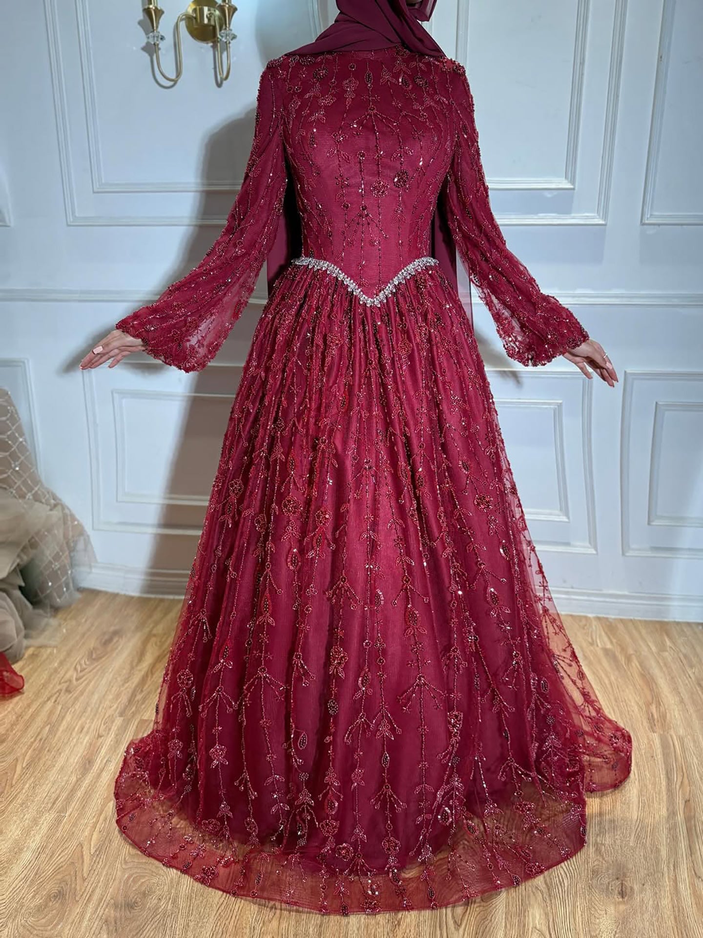 Arabic Modest A-Line Beaded Evening Dress For Muslim Women Hijab CLA72805E