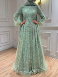 Arabic Modest A-Line Beaded Evening Dress For Muslim Women Hijab CLA72805E