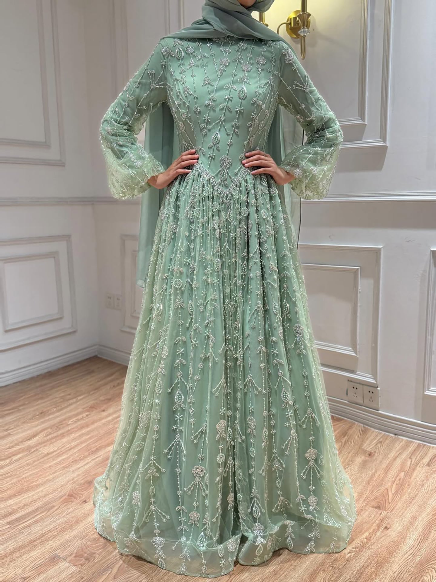 Arabic Modest A-Line Beaded Evening Dress For Muslim Women Hijab CLA72805E
