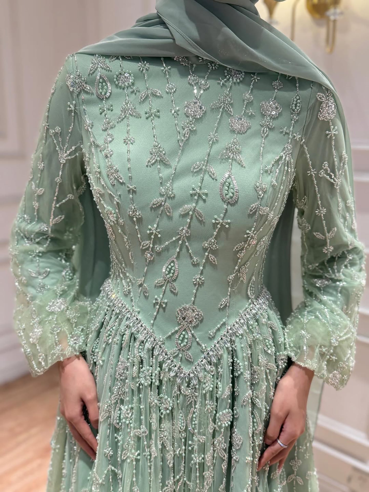 Arabic Modest A-Line Beaded Evening Dress For Muslim Women Hijab CLA72805E