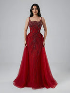 Luxury Dubai Nude Beaded Spaghetti Strap Evening Dress Mermaid With Overskirt CLA72810