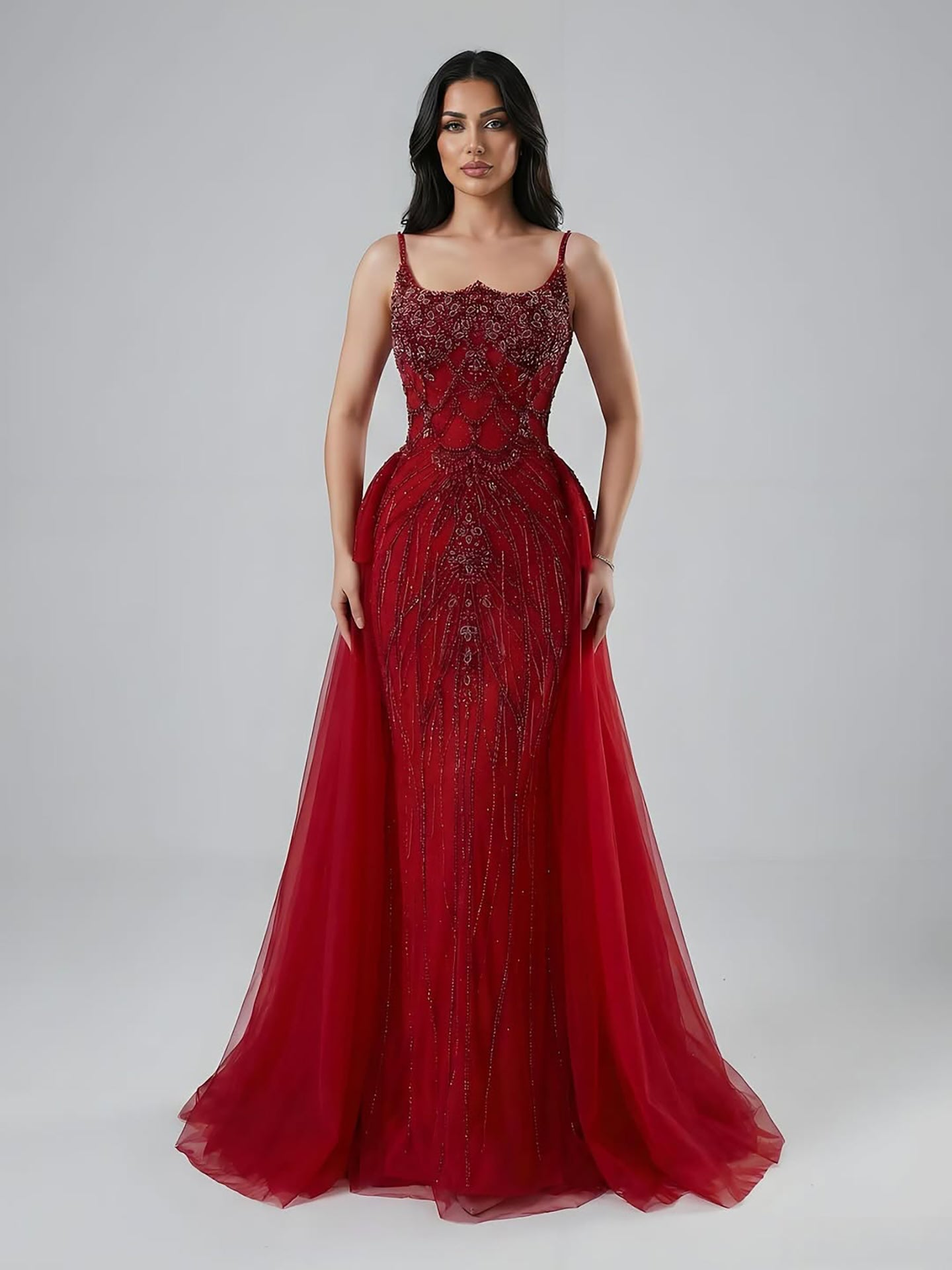 Luxury Dubai Nude Beaded Spaghetti Strap Evening Dress Mermaid With Overskirt CLA72810