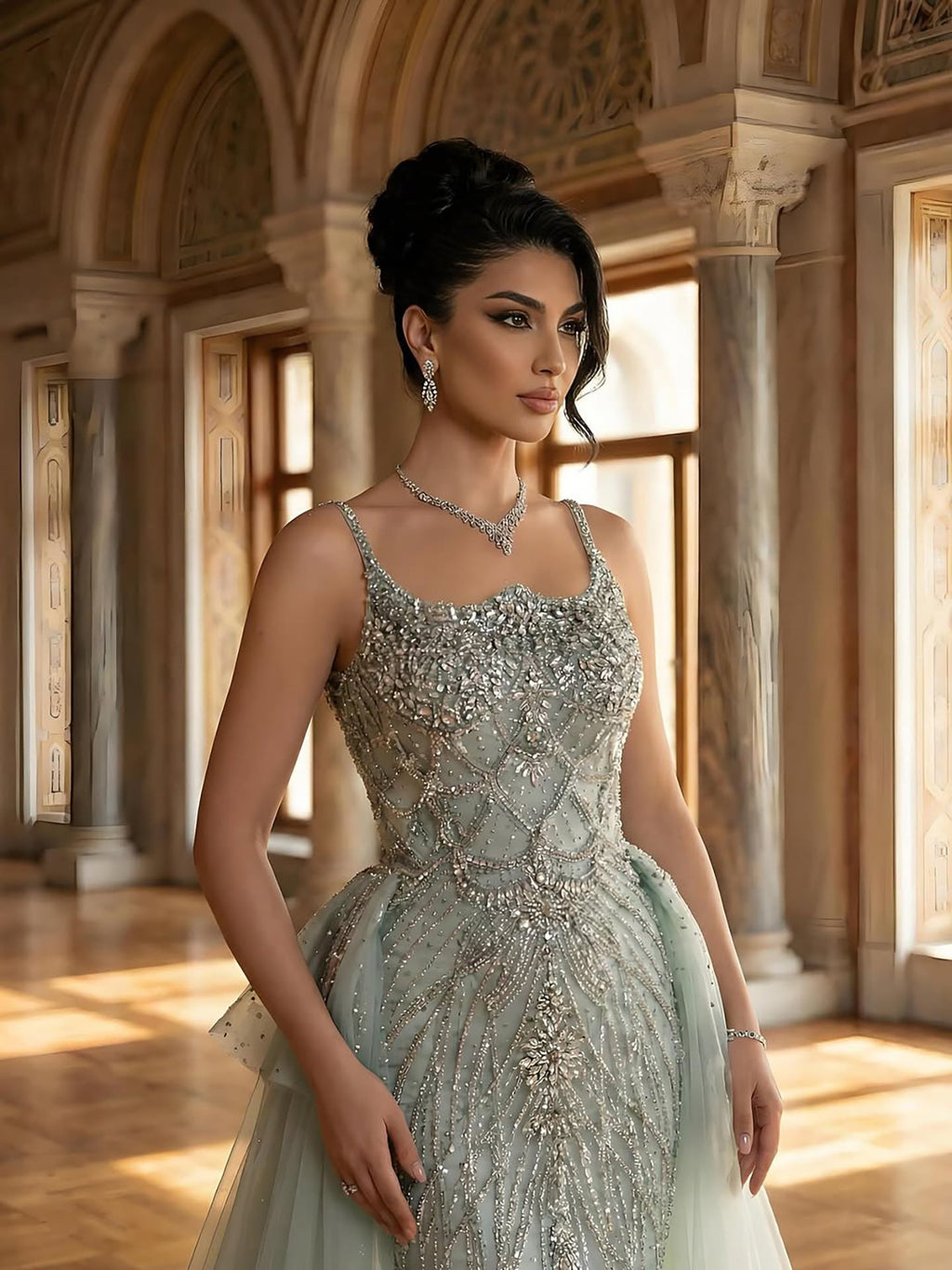 Luxury Dubai Nude Beaded Spaghetti Strap Evening Dress Mermaid With Overskirt CLA72810