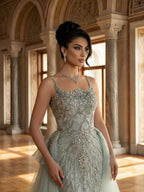 Luxury Dubai Nude Beaded Spaghetti Strap Evening Dress Mermaid With Overskirt CLA72810