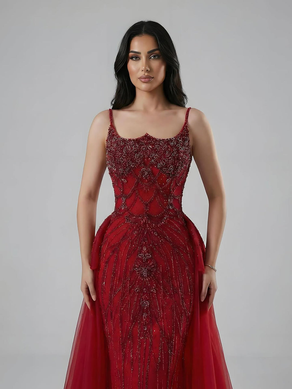 Luxury Dubai Nude Beaded Spaghetti Strap Evening Dress Mermaid With Overskirt CLA72810