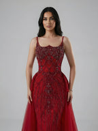 Luxury Dubai Nude Beaded Spaghetti Strap Evening Dress Mermaid With Overskirt CLA72810