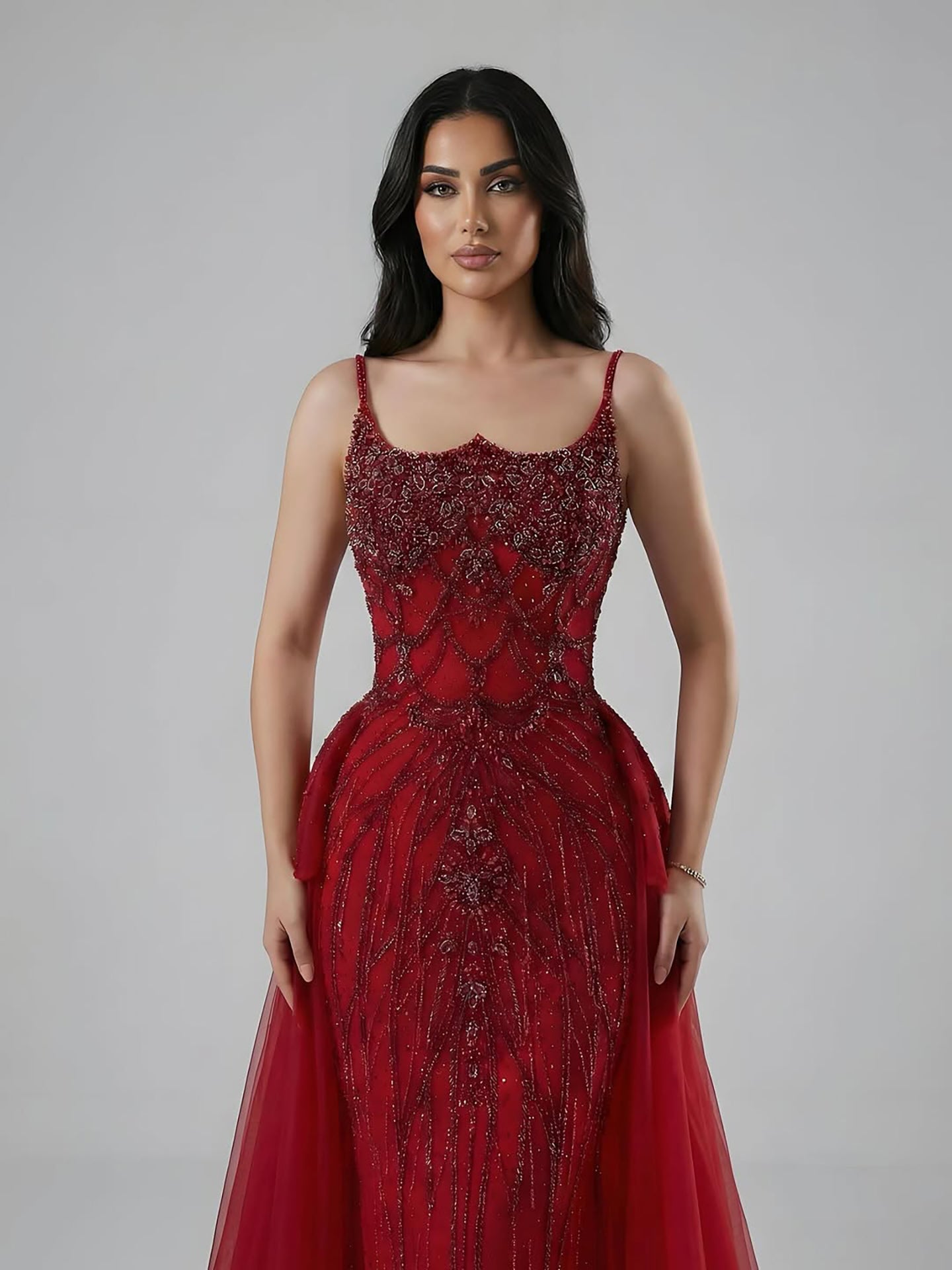 Luxury Dubai Nude Beaded Spaghetti Strap Evening Dress Mermaid With Overskirt CLA72810