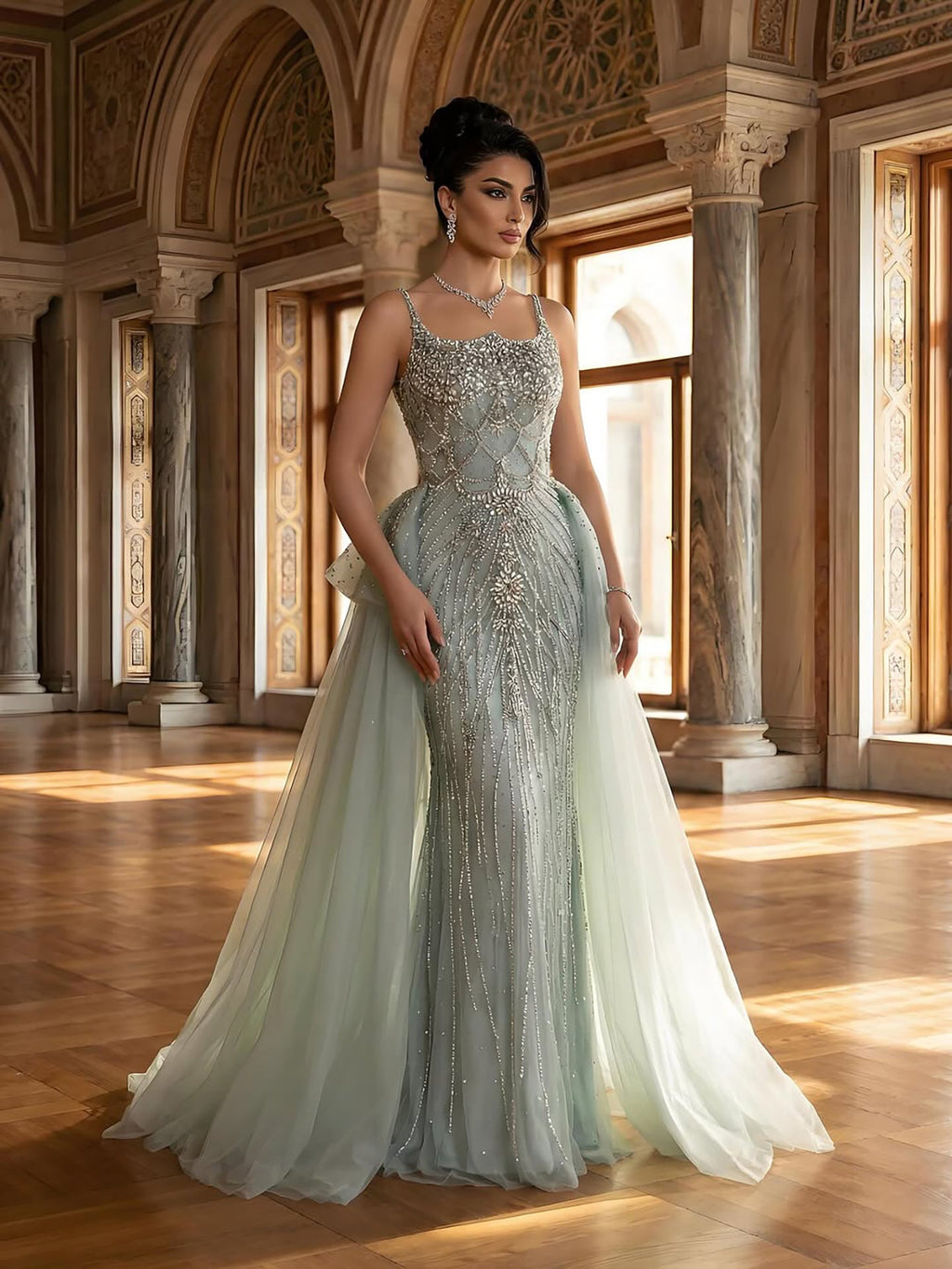 Luxury Dubai Nude Beaded Spaghetti Strap Evening Dress Mermaid With Overskirt CLA72810