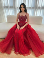 Luxury Dubai Nude Beaded Spaghetti Strap Evening Dress Mermaid With Overskirt CLA72810