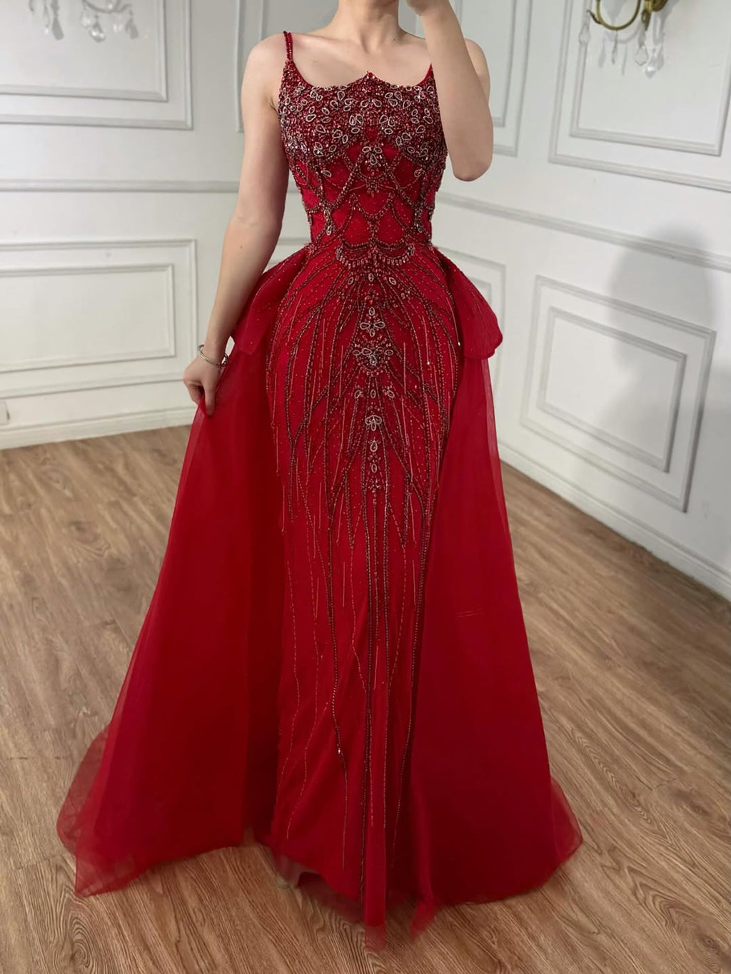 Luxury Dubai Nude Beaded Spaghetti Strap Evening Dress Mermaid With Overskirt CLA72810