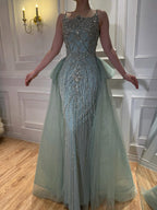 Luxury Dubai Nude Beaded Spaghetti Strap Evening Dress Mermaid With Overskirt CLA72810