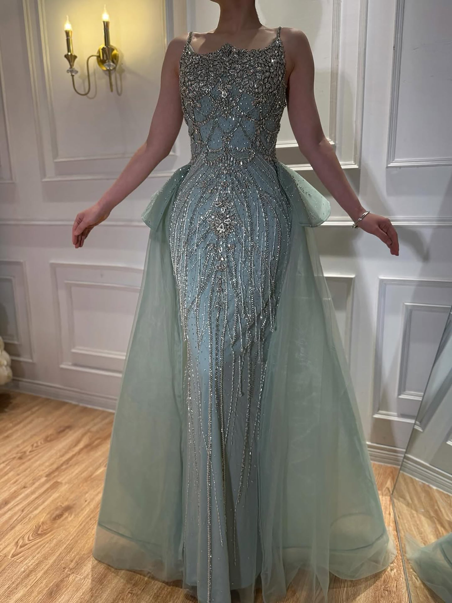 Luxury Dubai Nude Beaded Spaghetti Strap Evening Dress Mermaid With Overskirt CLA72810