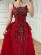 Luxury Dubai Nude Beaded Spaghetti Strap Evening Dress Mermaid With Overskirt CLA72810