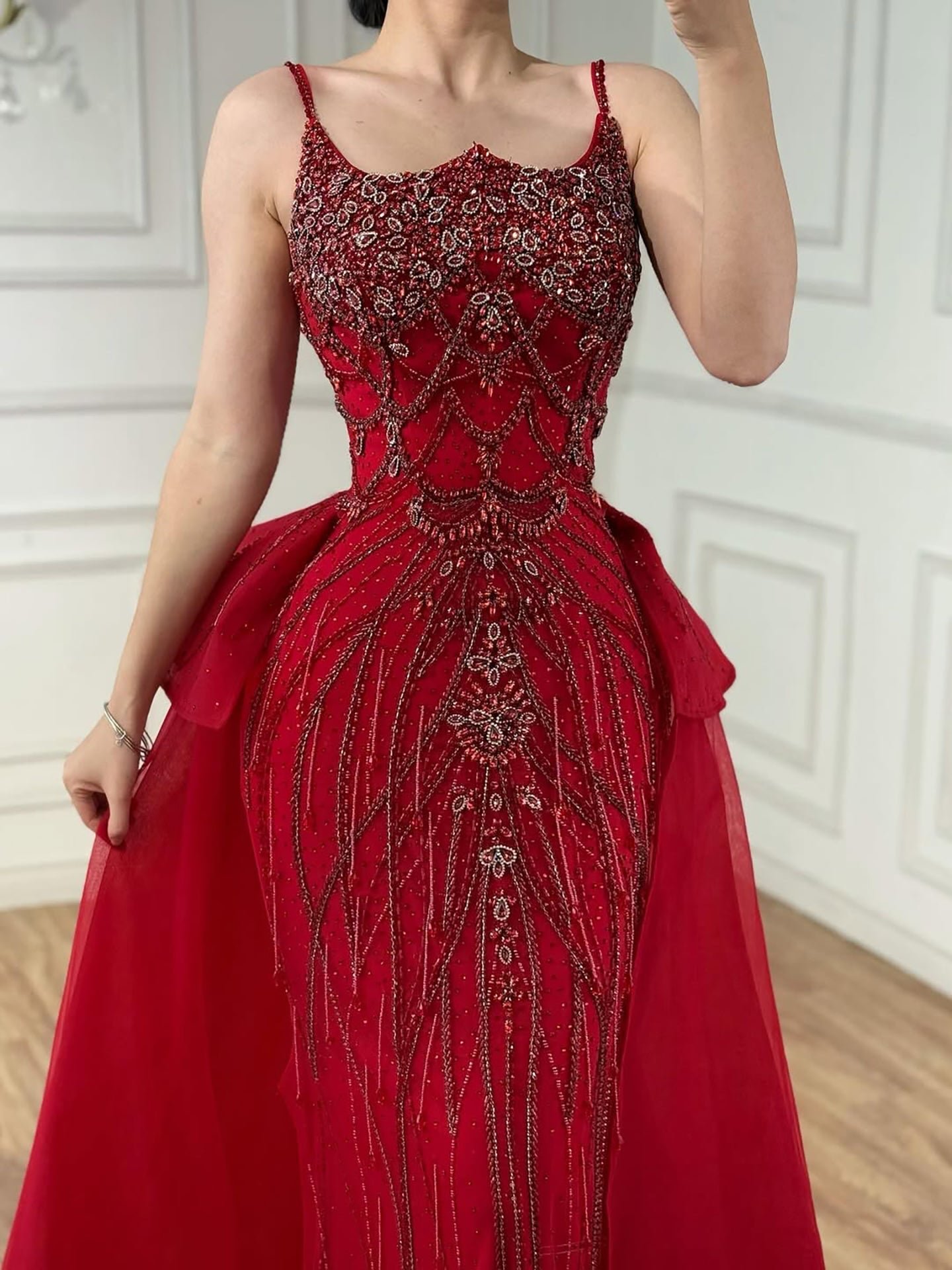 Luxury Dubai Nude Beaded Spaghetti Strap Evening Dress Mermaid With Overskirt CLA72810