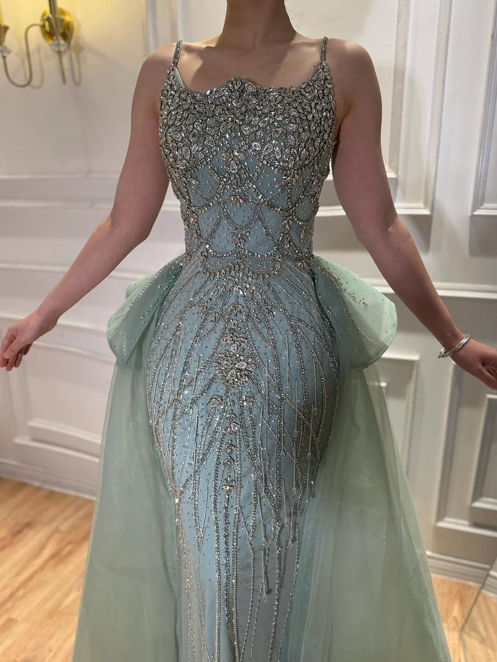 Luxury Dubai Nude Beaded Spaghetti Strap Evening Dress Mermaid With Overskirt CLA72810