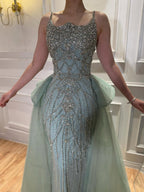 Luxury Dubai Nude Beaded Spaghetti Strap Evening Dress Mermaid With Overskirt CLA72810
