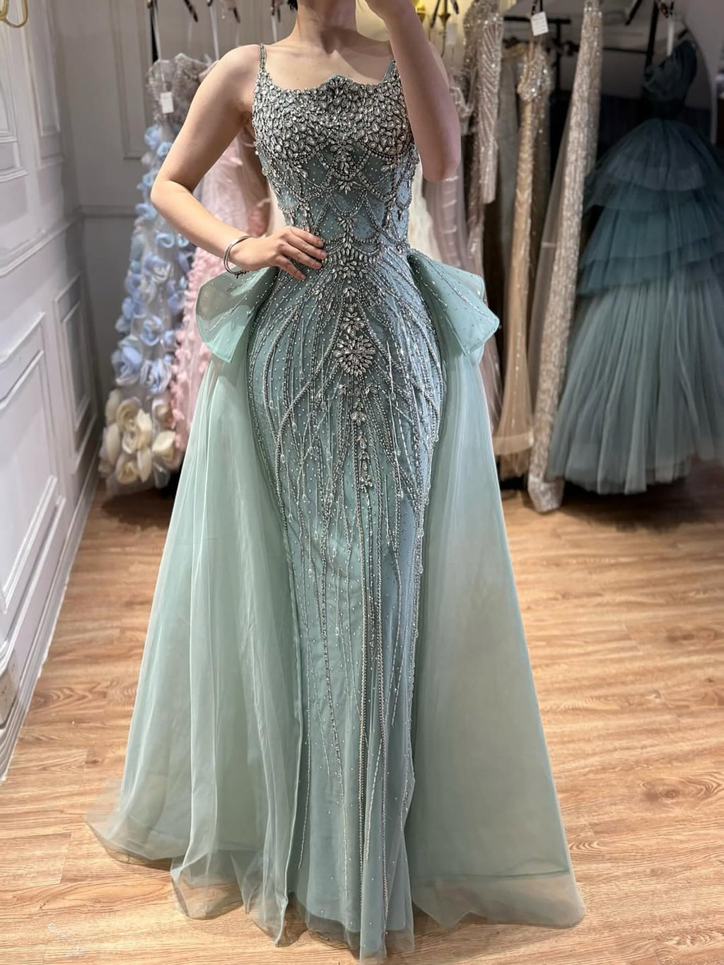 Luxury Dubai Nude Beaded Spaghetti Strap Evening Dress Mermaid With Overskirt CLA72810