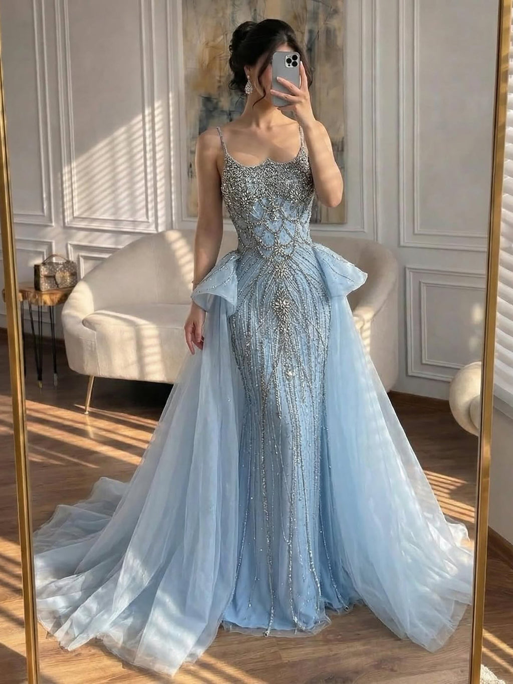 Luxury Dubai Nude Beaded Spaghetti Strap Evening Dress Mermaid With Overskirt CLA72810
