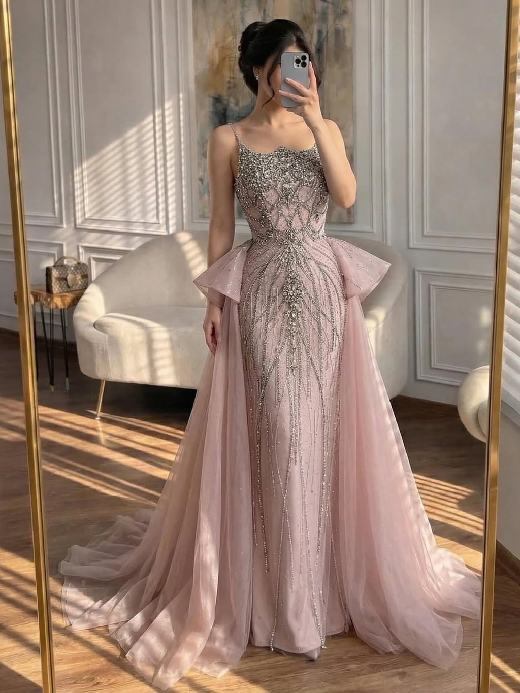 Luxury Dubai Nude Beaded Spaghetti Strap Evening Dress Mermaid With Overskirt CLA72810