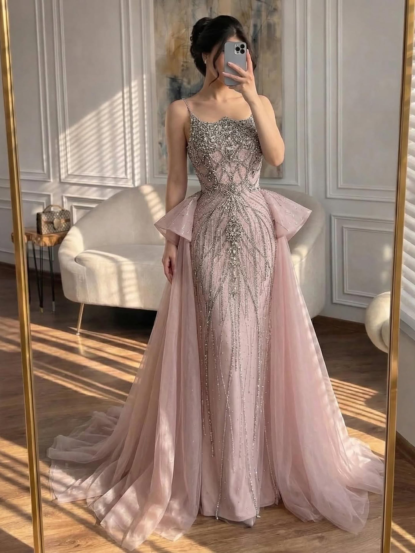 Luxury Dubai Nude Beaded Spaghetti Strap Evening Dress Mermaid With Overskirt CLA72810
