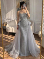 Luxury Dubai Nude Beaded Spaghetti Strap Evening Dress Mermaid With Overskirt CLA72810