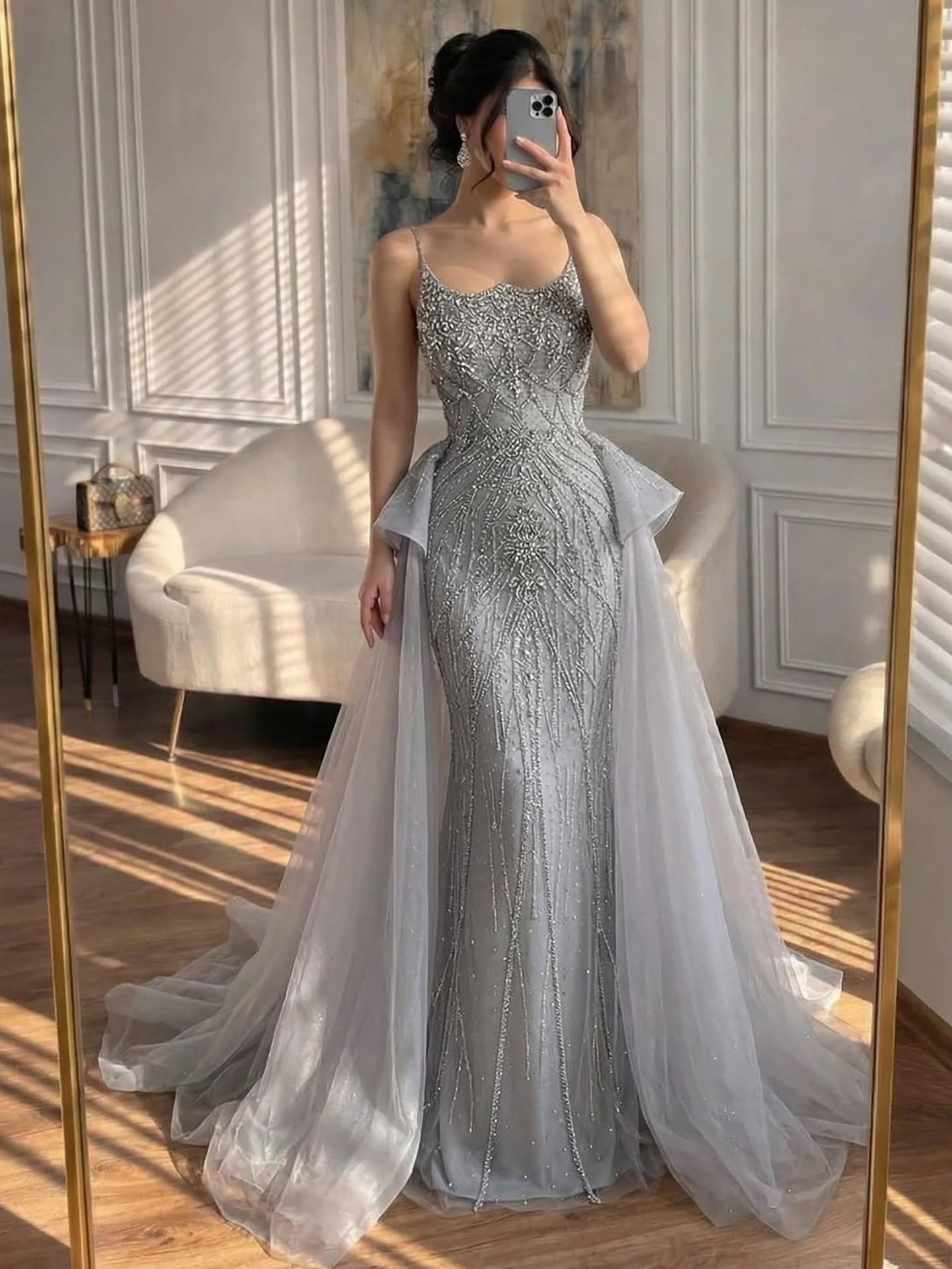 Luxury Dubai Nude Beaded Spaghetti Strap Evening Dress Mermaid With Overskirt CLA72810