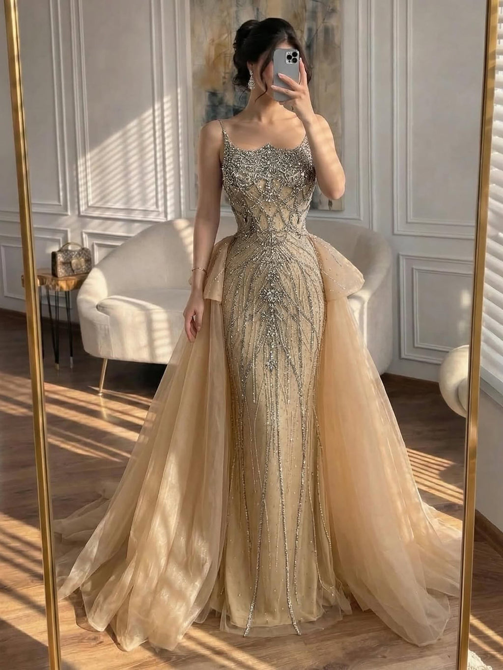 Luxury Dubai Nude Beaded Spaghetti Strap Evening Dress Mermaid With Overskirt CLA72810