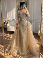Luxury Dubai Nude Beaded Spaghetti Strap Evening Dress Mermaid With Overskirt CLA72810
