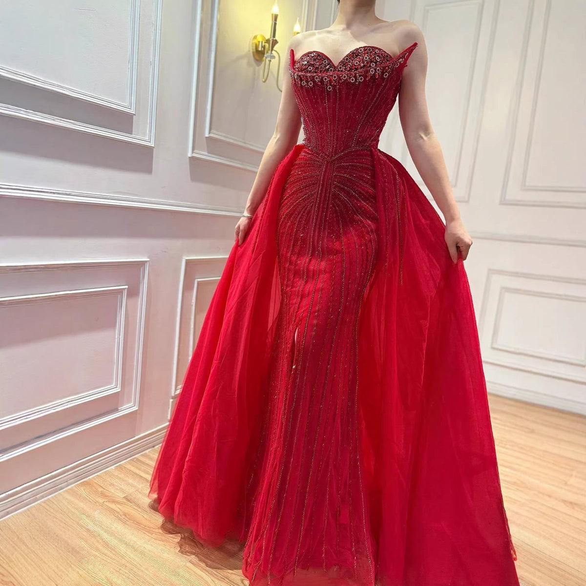 Arabic Luxury Beaded Mermaid Overskirt With Slit Strapless Evening Dress CLA72811
