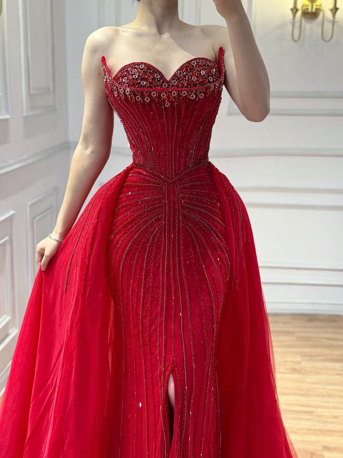 Arabic Luxury Beaded Mermaid Overskirt With Slit Strapless Evening Dress CLA72811