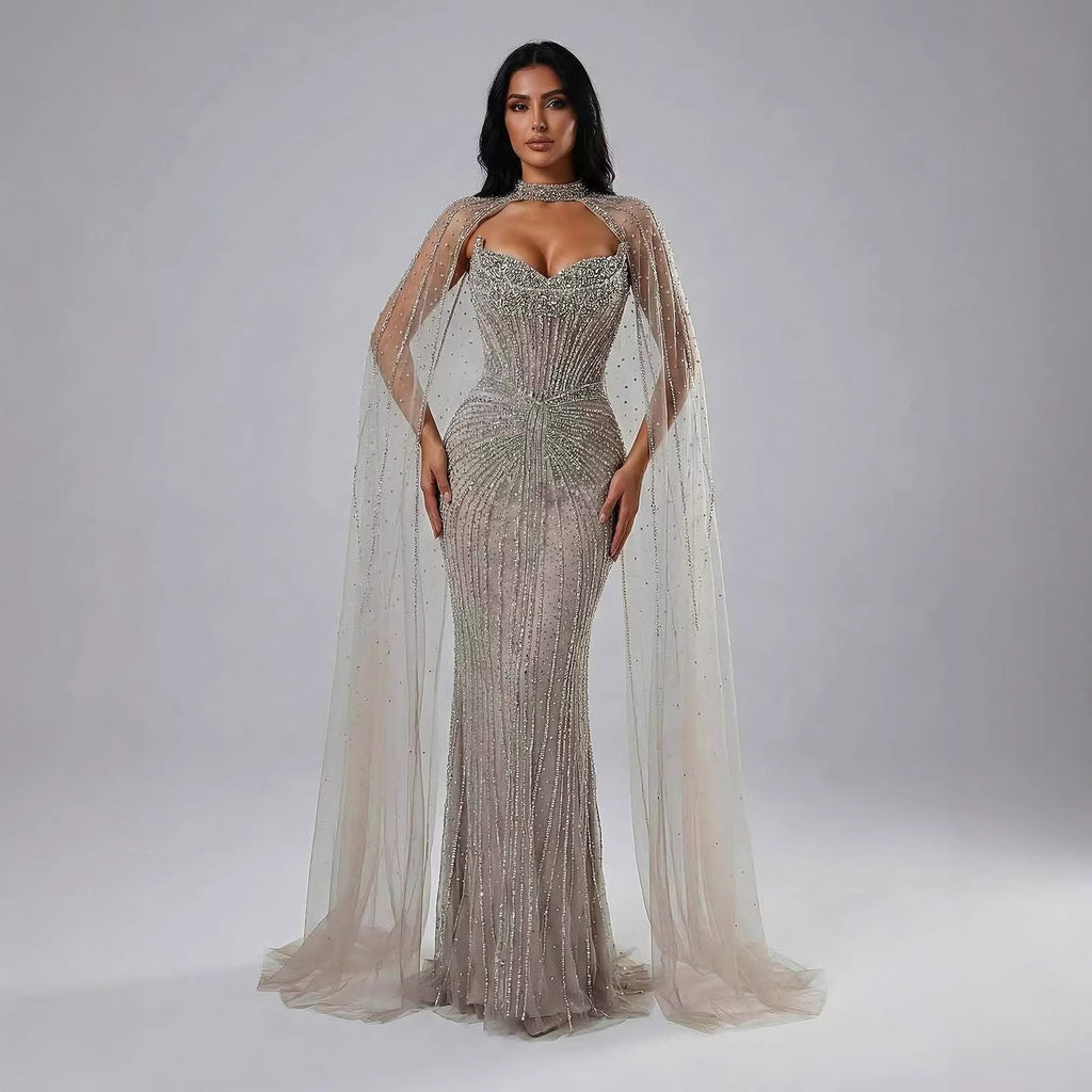Luxury Dubai Caramel Beaded Evening Dress With Cape CLA72811C