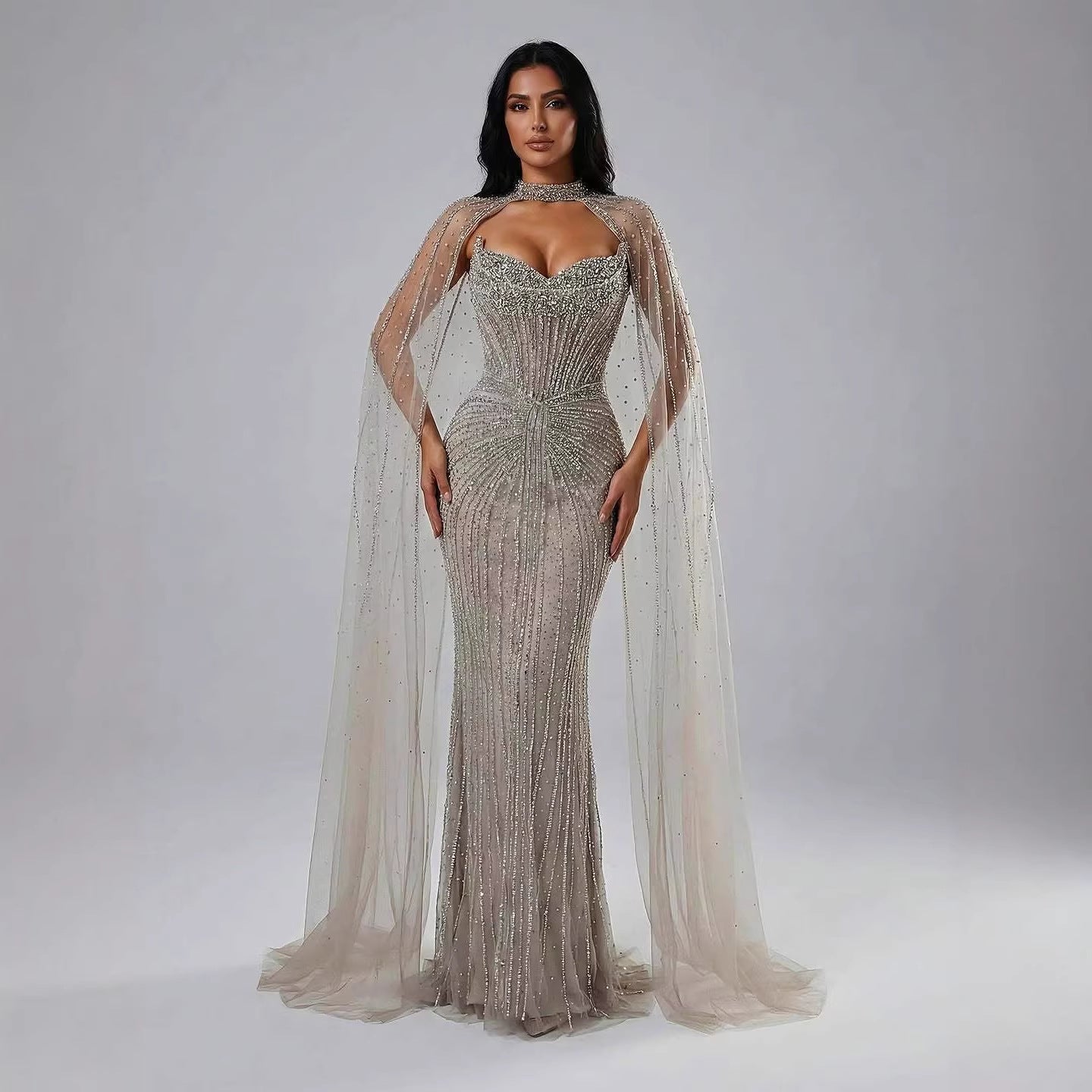 Luxury Dubai Caramel Beaded Evening Dress With Cape CLA72811C