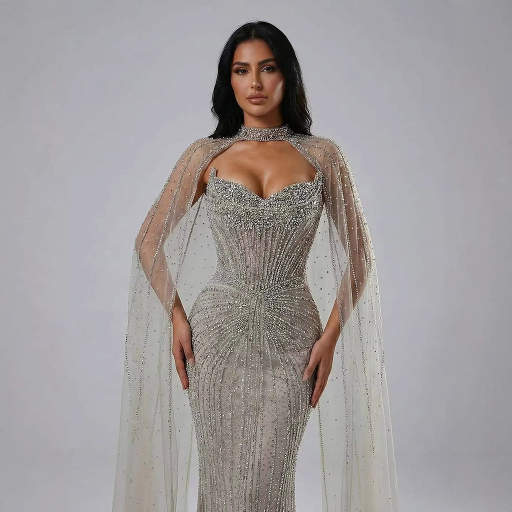 Luxury Dubai Caramel Beaded Evening Dress With Cape CLA72811C