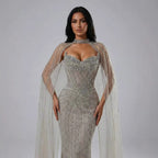 Luxury Dubai Caramel Beaded Evening Dress With Cape CLA72811C