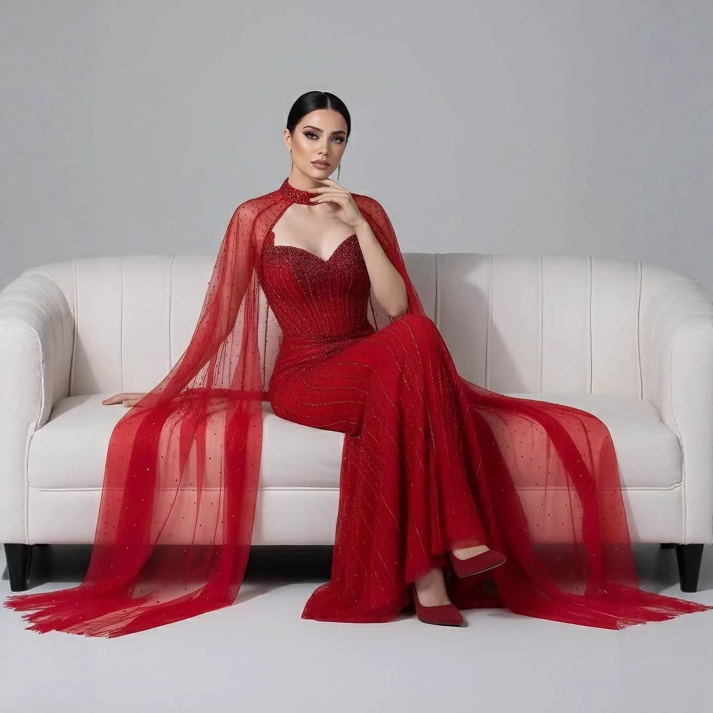 Luxury Dubai Caramel Beaded Evening Dress With Cape CLA72811C