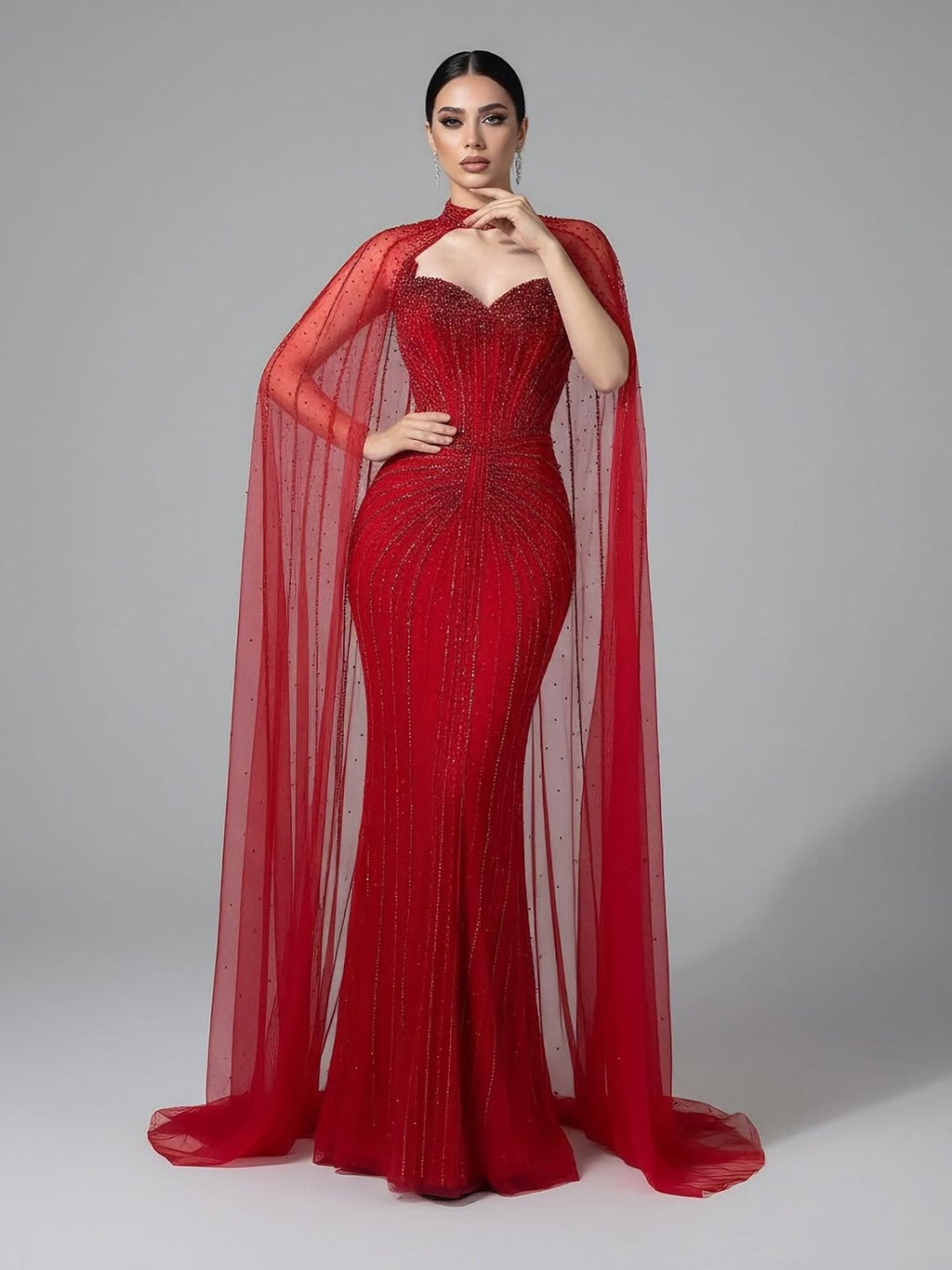 Luxury Dubai Caramel Beaded Evening Dress With Cape CLA72811C