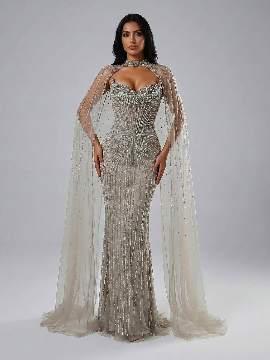 Luxury Dubai Caramel Beaded Evening Dress With Cape CLA72811C