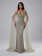 Luxury Dubai Caramel Beaded Evening Dress With Cape CLA72811C