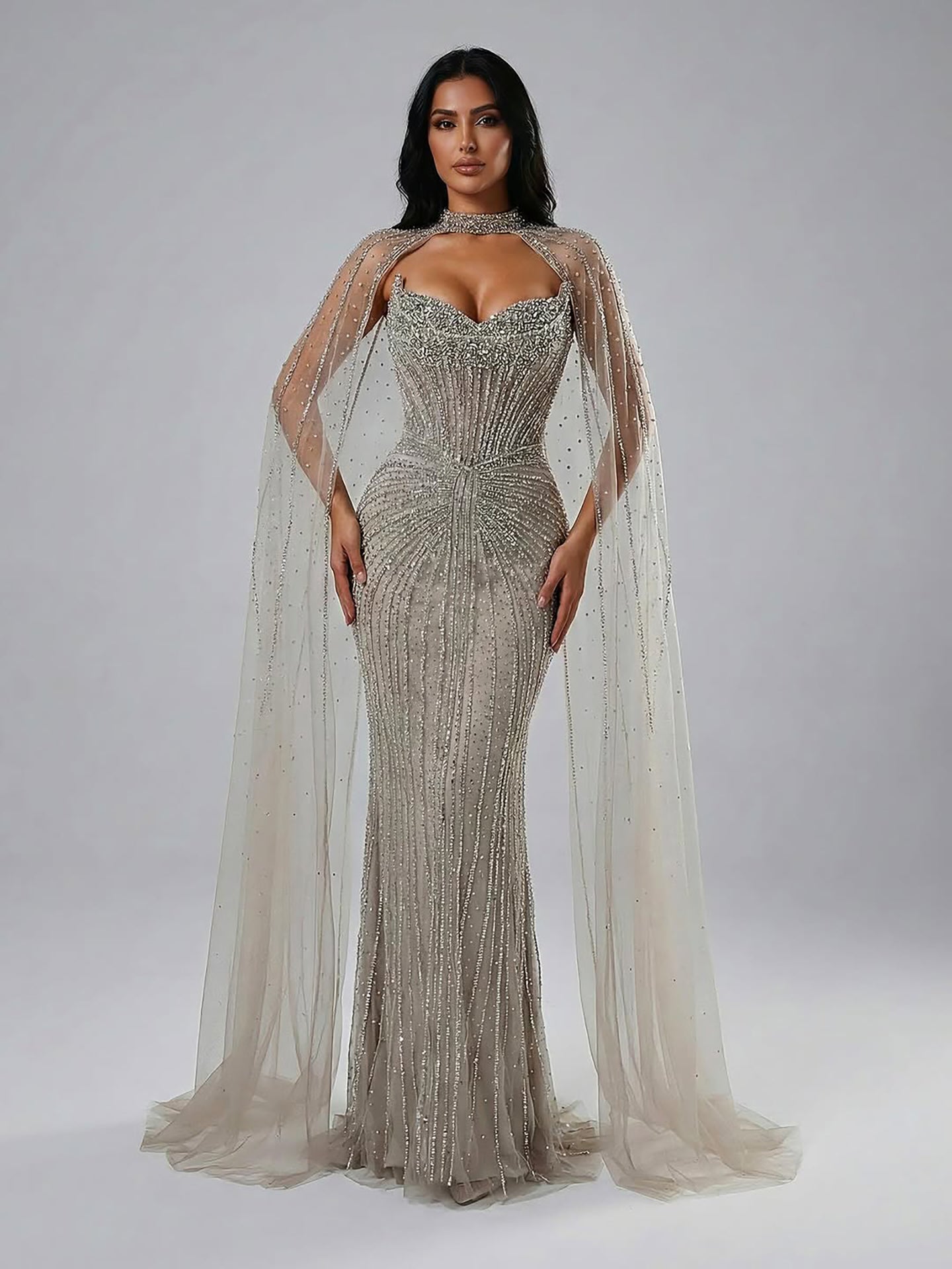 Luxury Dubai Caramel Beaded Evening Dress With Cape CLA72811C