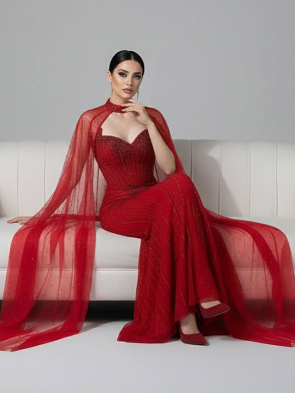 Luxury Dubai Caramel Beaded Evening Dress With Cape CLA72811C