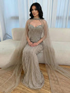 Luxury Dubai Caramel Beaded Evening Dress With Cape CLA72811C