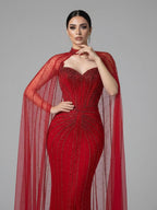 Luxury Dubai Caramel Beaded Evening Dress With Cape CLA72811C