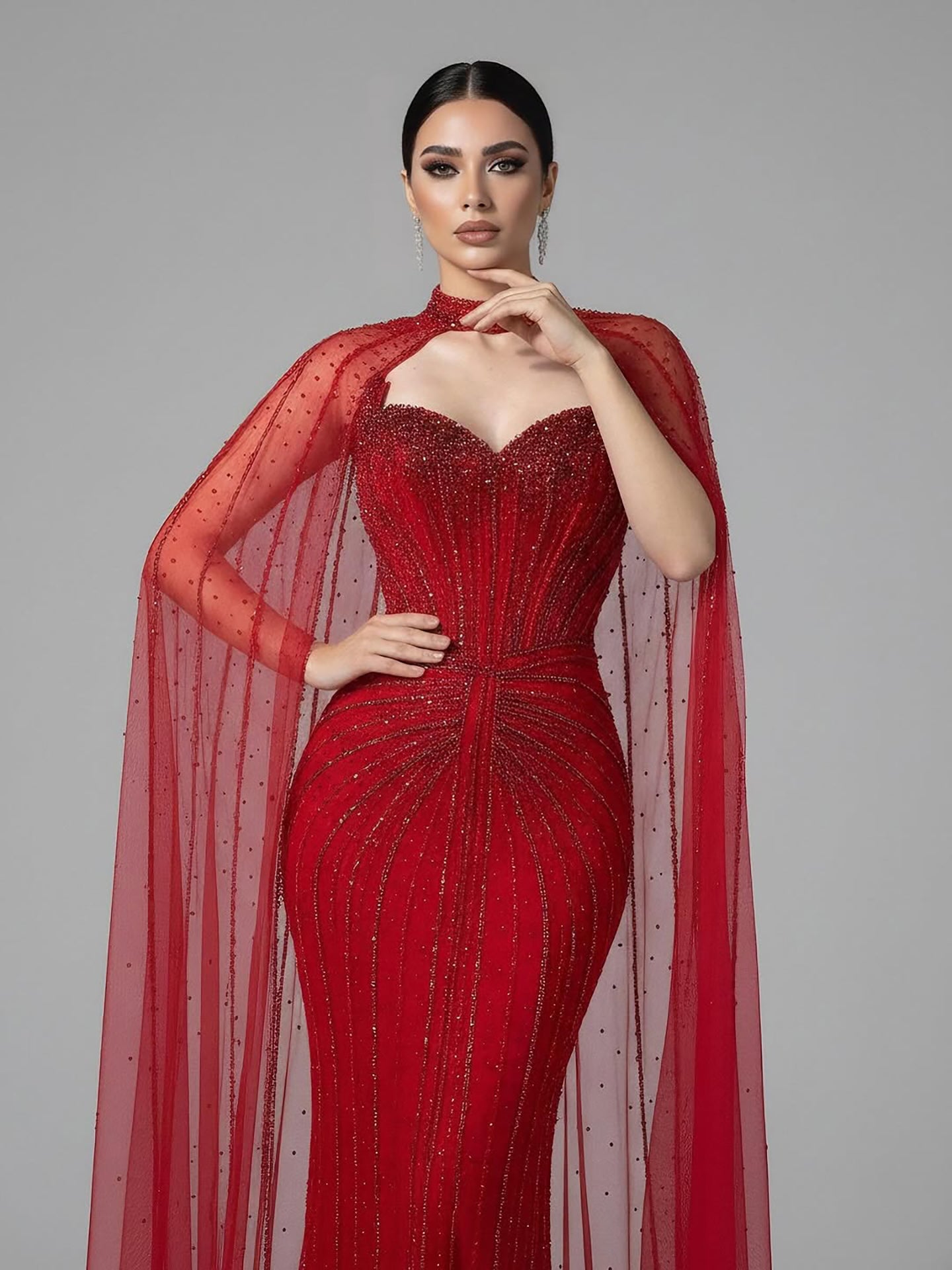Luxury Dubai Caramel Beaded Evening Dress With Cape CLA72811C