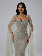 Luxury Dubai Caramel Beaded Evening Dress With Cape CLA72811C